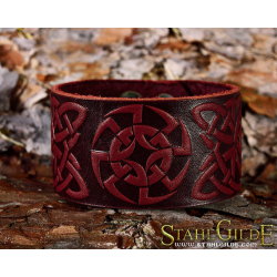   Leather Bracelet Cuff Wristband Kolovrat Symbol Slavic Pagan Celtic Knotwork Talisman Amulet Carving Leather